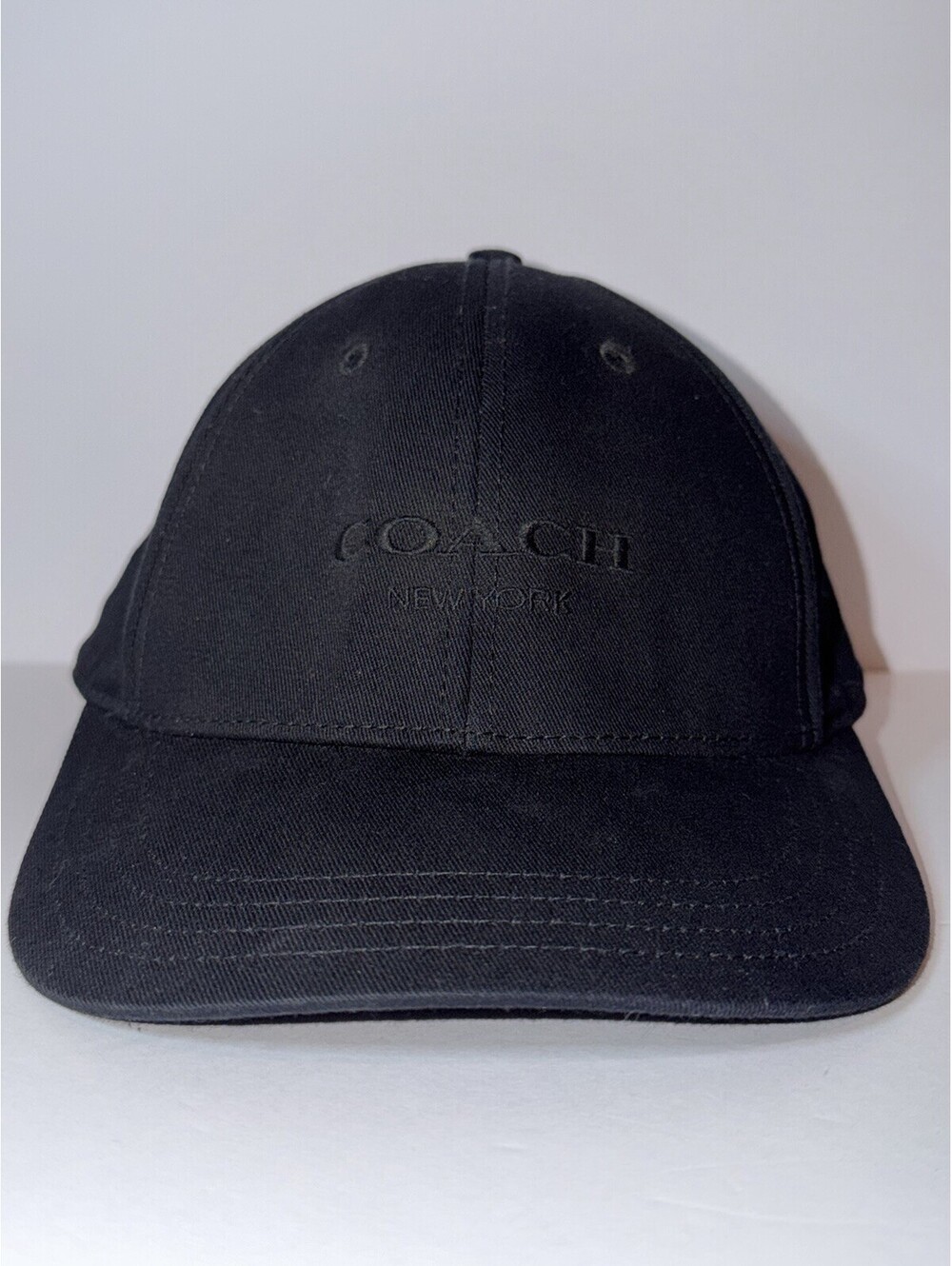 Coach New York Black Baseball Cap M/L Tonal Logo Leather Strap Adjustable Hat